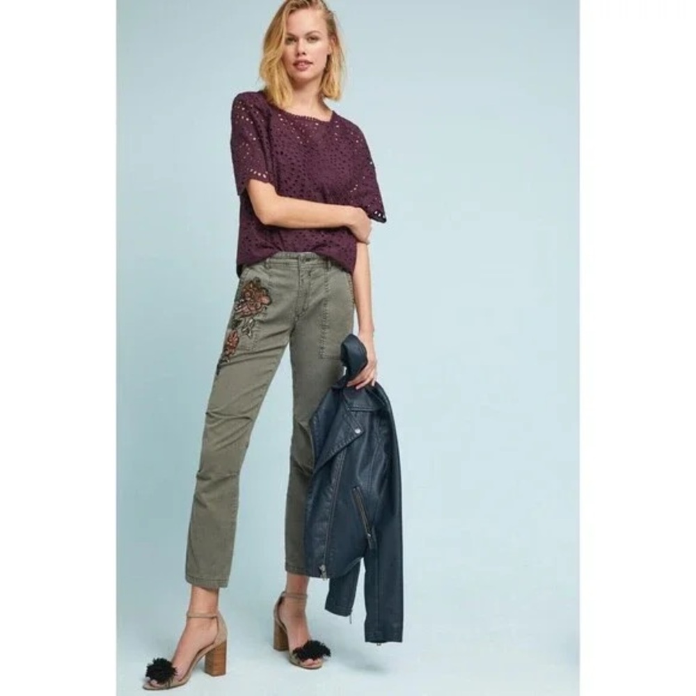 Anthropologie The Wanderer Green Beaded Cargo Utility Pants